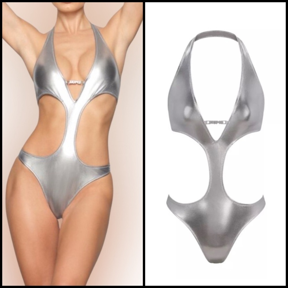 Skims Metallic Swim Halter Monokini in nickel NWT